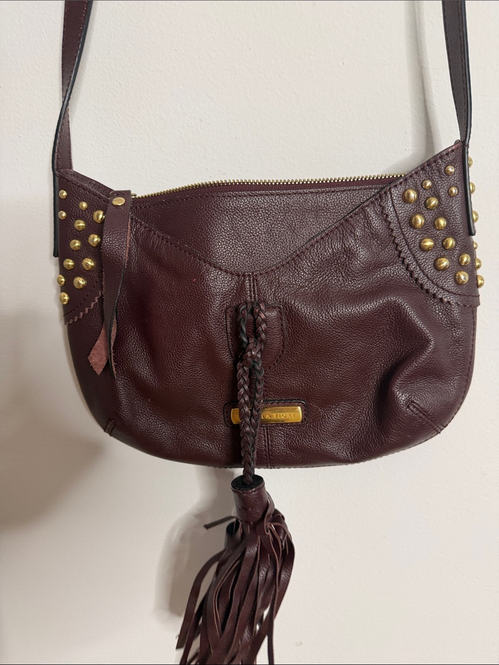 Isabella fiore burgundy tassel studded bag